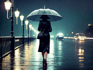 Woman walking in the rain on a bridge with an umbrella at night, Generative AI