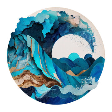 The Elements: Water Elemental mixed media style circle symbol H20 element, the sea blues, whites watery collage style aesthetic ocean color palette layered paper look (generative AI, AI)