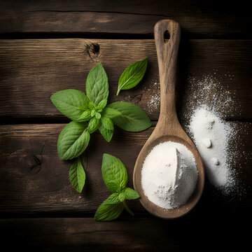 Stevia leaves and stevia sugar on wooden backgrounds. Organic food. Generative Ai. Illustration.