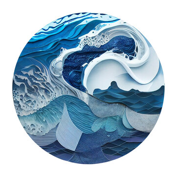 The Elements: Water Elemental mixed media style circle symbol H20 element, the sea blues, whites watery collage style aesthetic ocean color palette layered paper look (generative AI, AI)