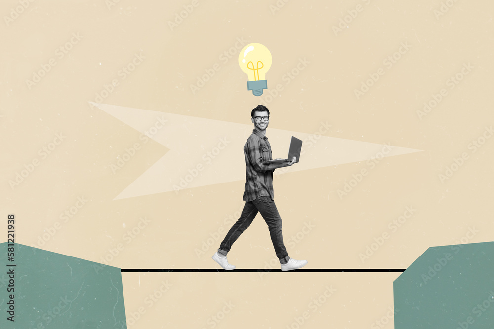 Poster Creative collage picture template of positive clever guy solving task use netbook project startup isolated on painted background