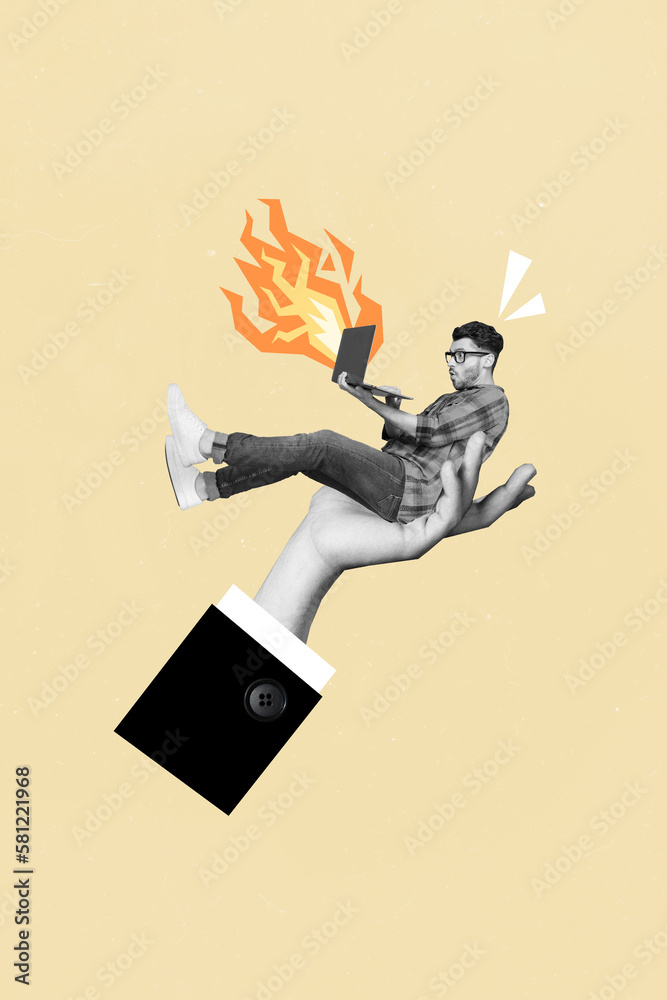 Poster creative image collage sketch picture of clever man nerd use modern netbook sitting palm boss woman 