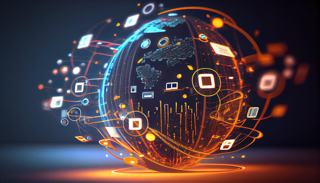 A virtual Smart Device with icons and connection line for data exchange from globalization innovation technology Digital contents concept Communication network - Generative AI