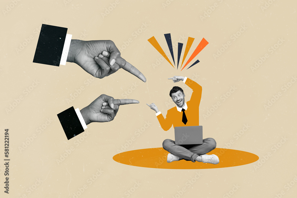 Poster creative 3d collage image picture poster two arms indicating funny happy man blaming failure force w
