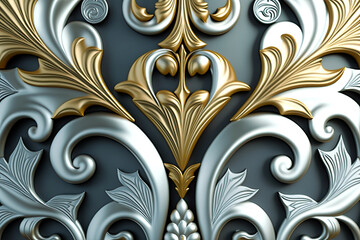 Silver textile Decorative ornament pattern Wallpaper flat texture, Rococo style, 2d Decorative Silver and Gold Ornament Pattern Flat Texture. - Ornate decoration, design, illustration.
