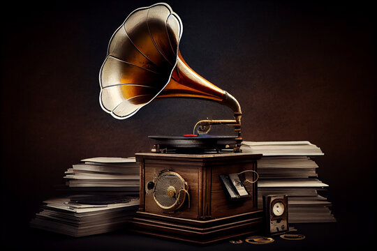 Old fashioned gramophone and metal turntable foreground ,generative AI