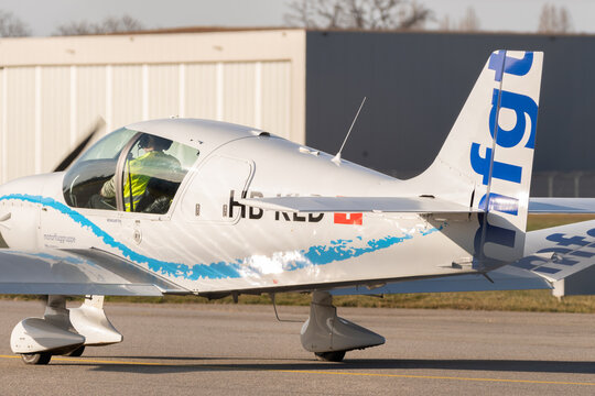 Robin DR400 airplane taxiing in Altenrhein in Switzerland 12.2.2022