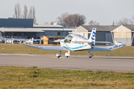 Robin DR400 airplane taxiing in Altenrhein in Switzerland 12.2.2022