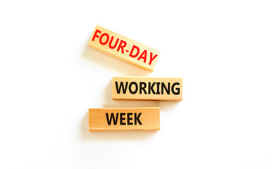 Four-day working week symbol. Concept words Four-day working week on wooden block on a beautiful white table white background. Business four-day working week concept. Copy space.