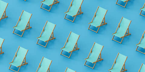 Background of similar deckchairs placed in row in studio