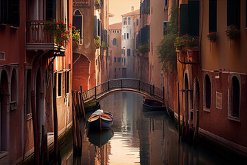 Obraz na płótnie Canvas Canal architecture reflects Veneto culture at dusk ,generative AI