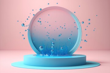 Fototapeta na wymiar Contemporary blue and pink circle Podium with glass and water. AI generation