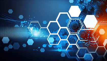 Fototapeta premium Industrial, industry software, website banner, commercial, several translucent hexagon, orange blue background - Generative AI