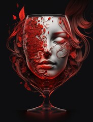 silhouette of woman face in wine glass, love, memory 