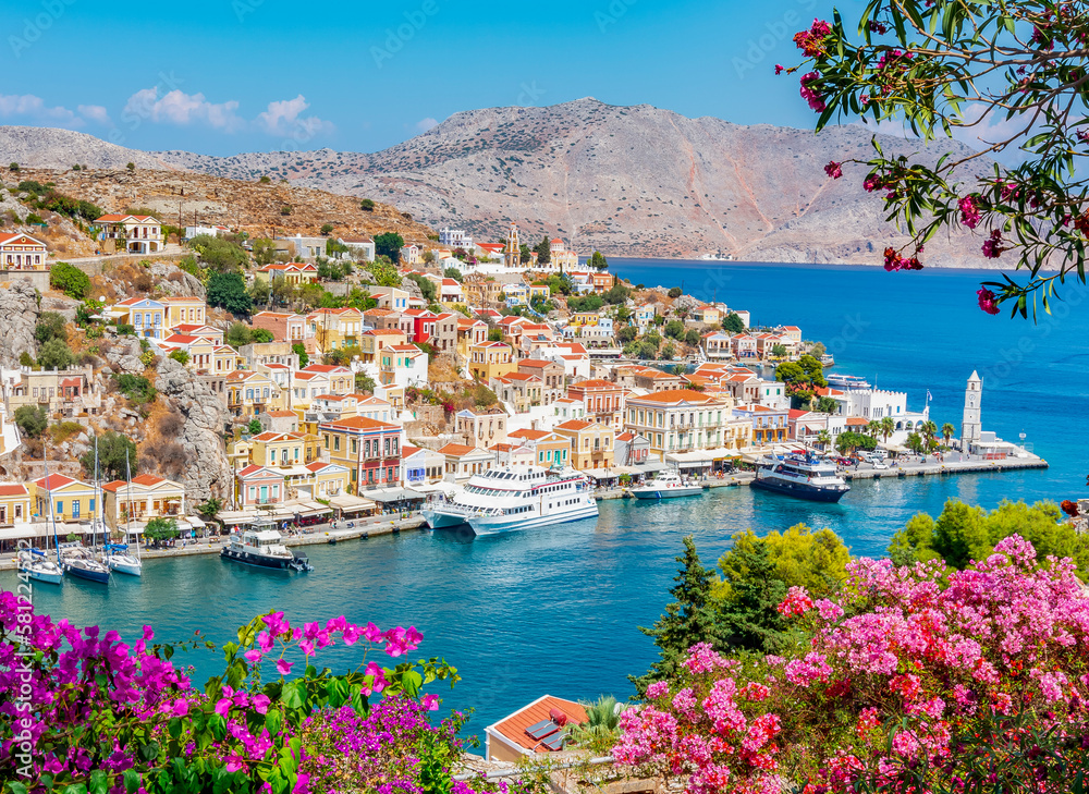 Poster Symi town cityscape, Dodecanese islands, Greece