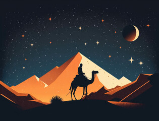 A nomad perched atop a camel under a starry night sky with a desert landscape in the background. Lifestyle concept. AI generation.