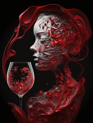 silhouette of beautiful red woman drinking wine