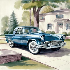 Classic Car Watercolor Painting, Generative AI