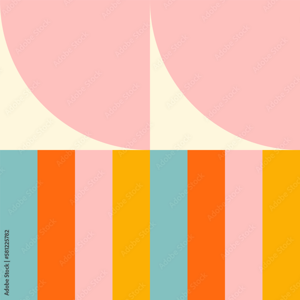 Poster Simple geometric seamless pattern. Modern abstract background with circle, semi circle, square, rectangle stripe shapes in pastel colors.