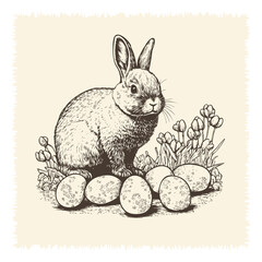 Easter bunny surrounded by easter eggs vintage engraving style illustration.