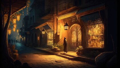 Fototapeta premium Ramadan Mosque and Lanterns Background: Lanterns, Lights, and Love, A Ramadan Photo Collection Generative AI