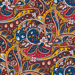 Turkish floral seamless pattern. Paisley folck vector background using boteh or buta. Fantasy decorative repeating tiles with tropical flowers and leaves. Festivale style.