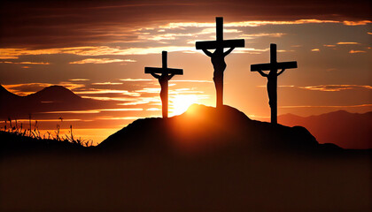Three wooden crosses stand on a hill at sunset. Crucifixion of Christ. Crucified people on crosses. Generative AI