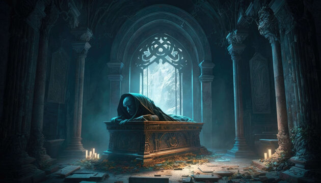 An ancient crypt lies buried under a blanket of starless darkness. Fantasy art. AI generation.