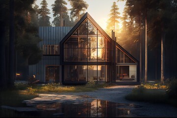 Modern house in the woods. Generative AI