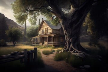 Old cabin in the woods. Generative AI