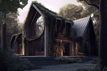 Modern house in the woods. Generative AI