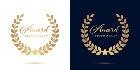 Wreath laurel. Gold icon award on white and blue background. Winner golden circle. Victory round crown. Leaf emblem. Symbol border. Branch logo. Branch with leaves. Crest badge. Vector illustration