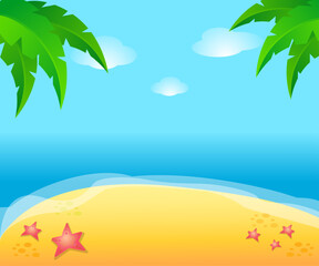 Fototapeta na wymiar Seascape vector illustration. Paradise beach with sand and palm trees.