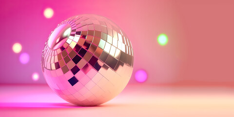 Fototapeta na wymiar White disco ball music on bright pastel pink background. Creative party concept. Fashion minimal art. Generative AI