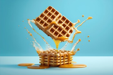 Flying waffles and butter getting dripped with maple syrup over a light blue background. AI generated - obrazy, fototapety, plakaty