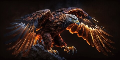 Golden eagle, with shining feathers, with fire and light on the ends, flame bird, eagle sacred animal, on a dark background, wallpaper, luxury, top quality. The eagle spread his wings. Generative AI.
