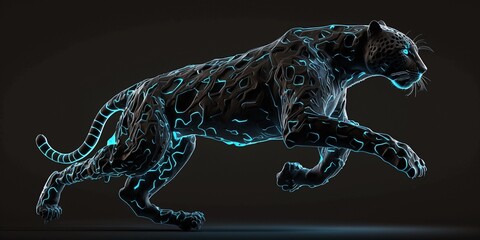 Black panther, leopard, futuristic wallpaper, neon blue, future, blue body sparks. Generative AI.