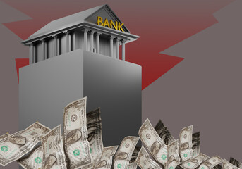 Investment bank. Building of financial company. Column with bank among money. Investment in banking industry. Helicopter money for banking sector concept. State assistance to bank. 3d image