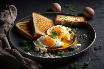 Fototapeta na wymiar Fried Toast bread with four different types of cooked chicken eggs. AI generated