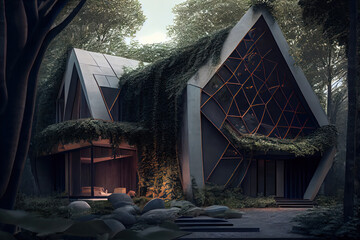 Modern house in the woods. Generative AI