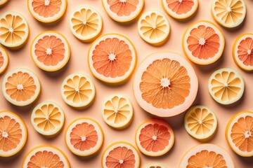 Many sliced fresh grapefruits as background, top view. AI generation