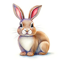 Obraz premium Watercolor Children Book Illustrations, Cute bunny full body sitting against white background, created with Generative AI technology 