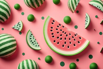Pattern with ripe watermelon slice on pink background. AI generation