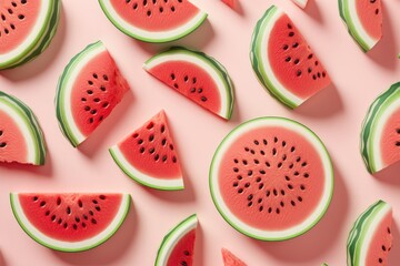 Pattern with ripe watermelon slice on pink background. AI generation - obrazy, fototapety, plakaty