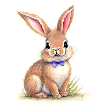 Watercolor Children Book Illustrations, Cute bunny with bowtie full body sitting against white background, created with Generative AI technology 