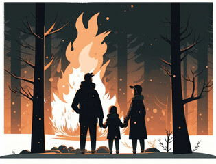 A family enjoying a warm winter fire the flames dancing against the snowcovered trees in the background. Lifestyle concept. AI generation.