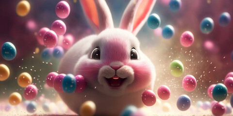 Fototapeta na wymiar Cutest easter bunny, jumping with joy around easter eggs