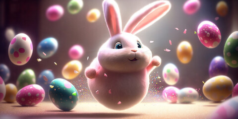 Fototapeta na wymiar Cutest easter bunny, jumping with joy around easter eggs
