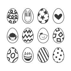 Easter eggs set with decoration and ornament. Springtime holiday symbols black and white collection. Bunny, eggs, lamb, chicken, hunt basket, flowers abstract graphic modern flat.