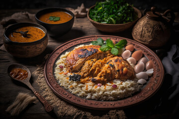 Fototapeta na wymiar Yemeni food. chicken with rice. Illustration AI Generative